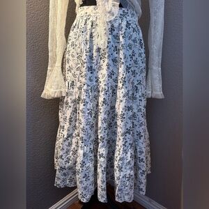 Floral Tiered Midi Skirt - White with Black Floral Print